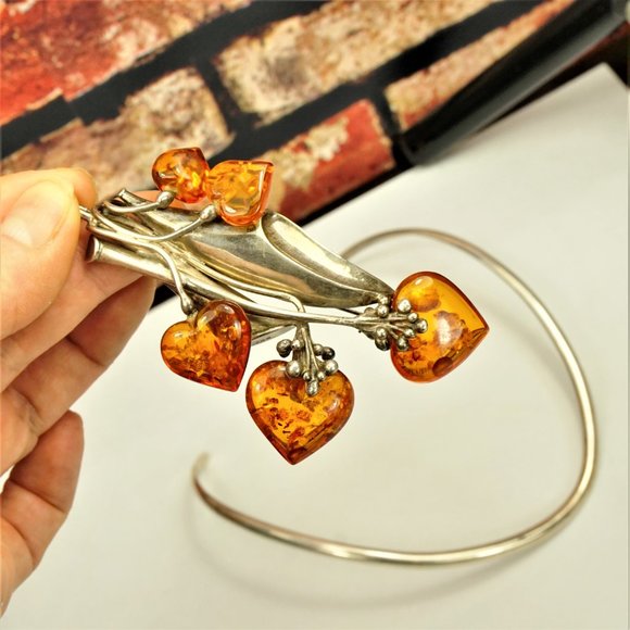 MASSIVE AMBER STERLING PENDANT & BROOCH WITH OMEGA WIRE NECKLACE, RARE JEWELRY - Picture 4 of 16